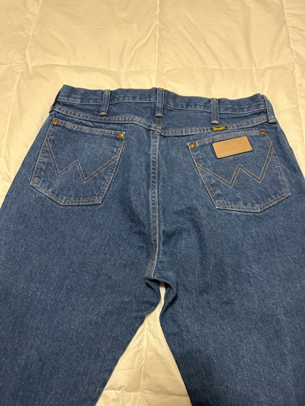 Wrangler Men's Leather Patch Blue Jeans Made in the USA 34x30